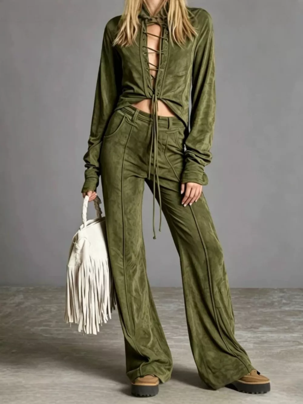 Full Size Lace-Up Long Sleeve Top and Wide-Leg Pants Set Plus Size