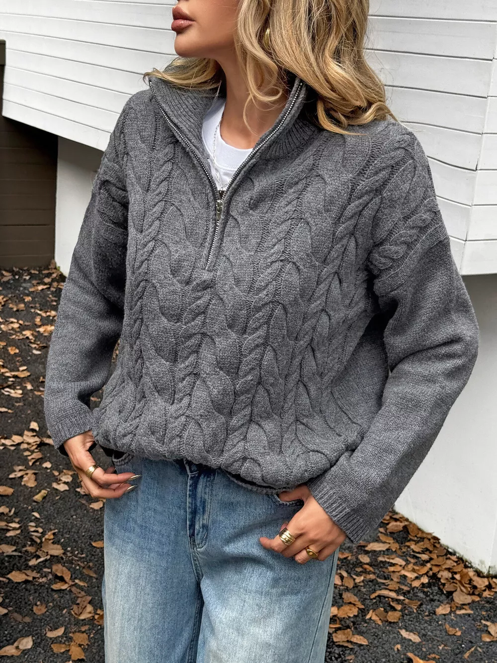 Zip Collar Cable-Knit Sweater, image 13