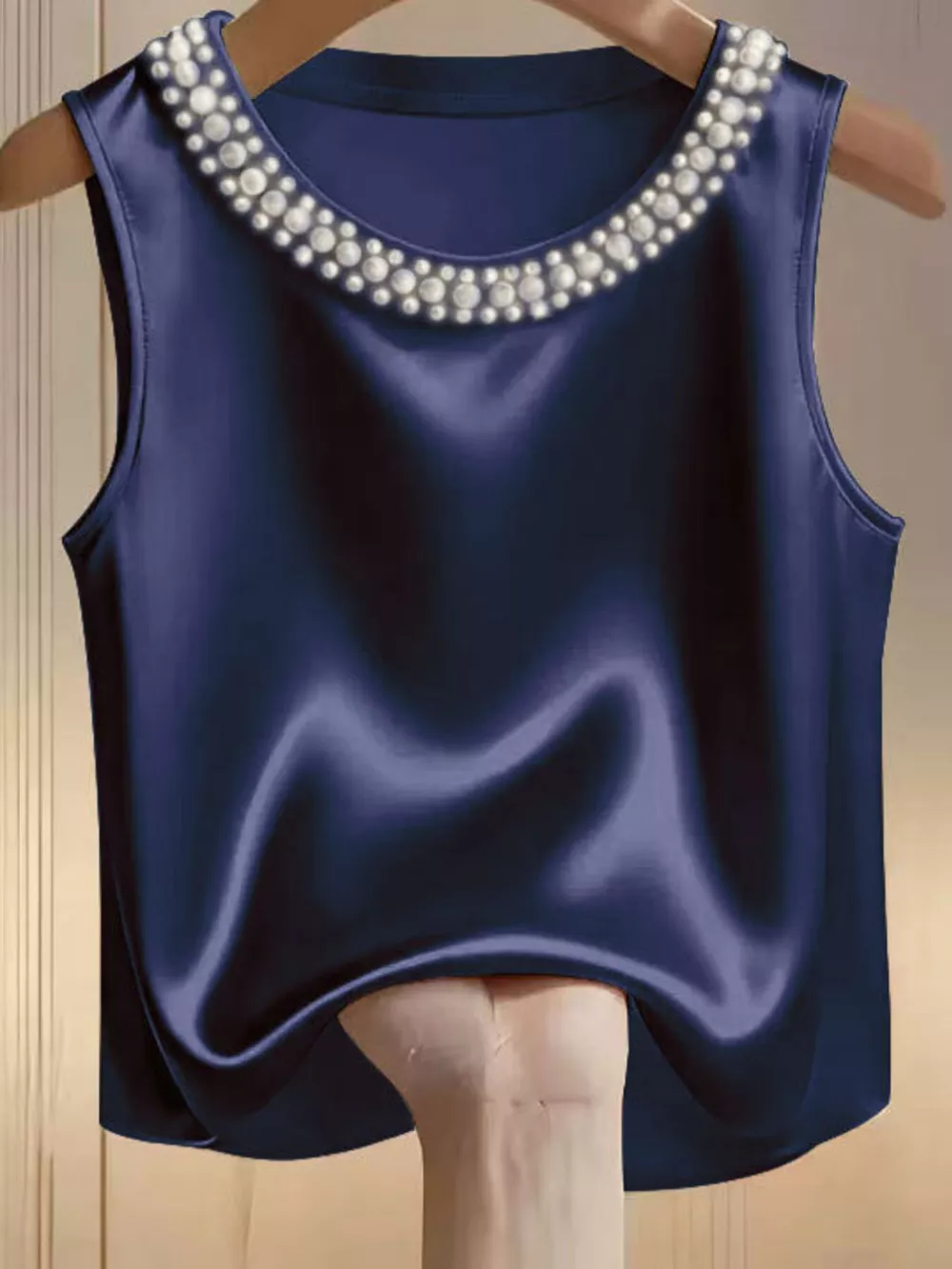 Pearl Embellished Satin Tank Top, image 7