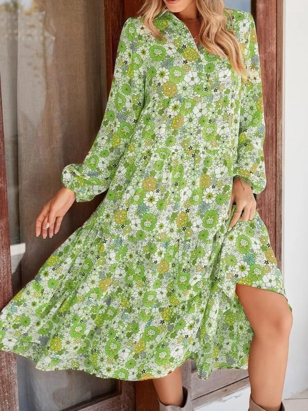 Floral Print Balloon Sleeve Midi Dress, image 10