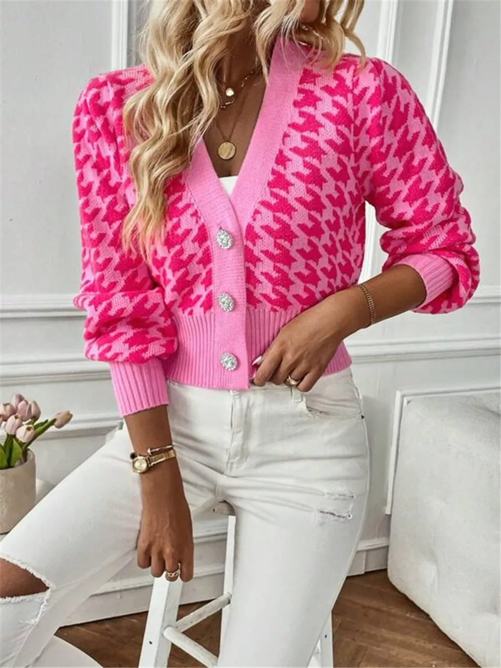 Houndstooth V-Neck Button Up Cardigan, image 17