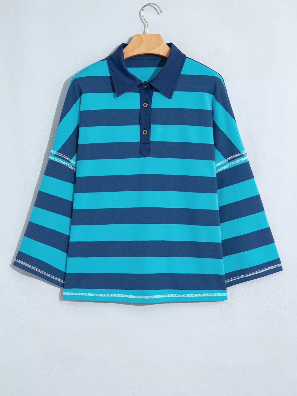 Stripe Contrast Polo Collar Bracelet Sleeve Loose Top, image 2