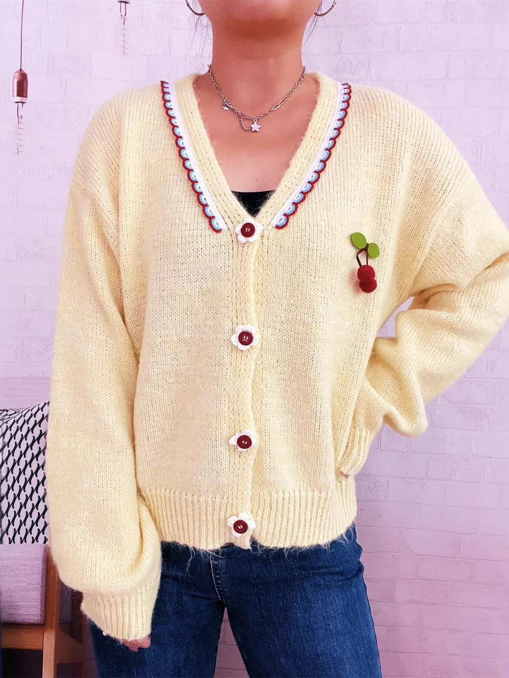 Cherry Button-Front Long Sleeve Cardigan, image 17