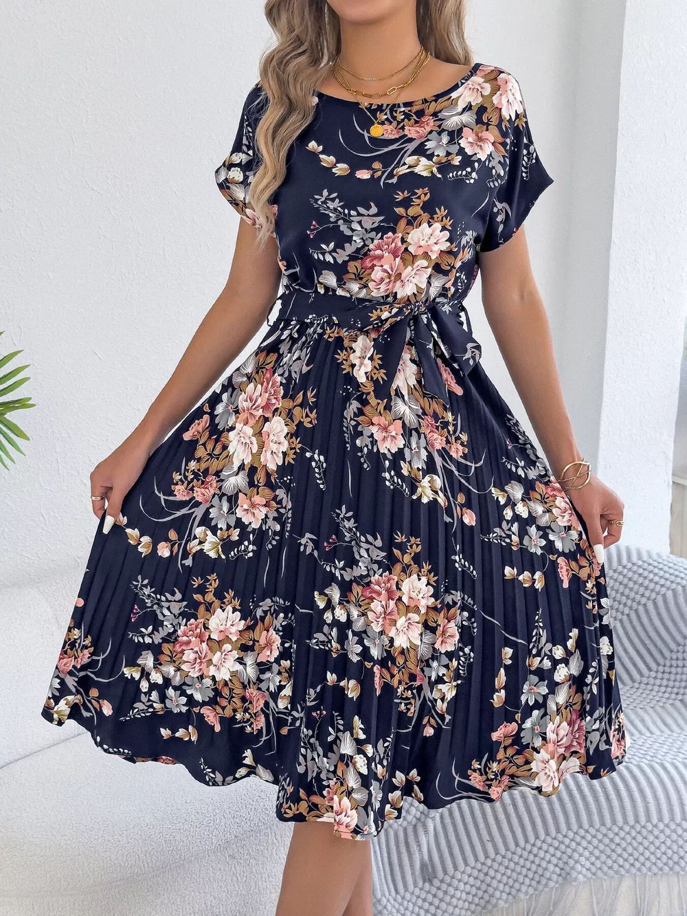 Floral Print Pleated A-Line Midi Dress, image 10