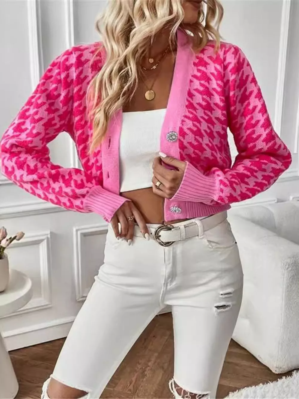 Houndstooth V-Neck Button Up Cardigan, image 18