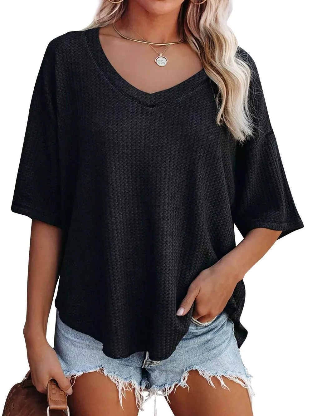 Waffle Knit V-Neck Short Sleeve T-Shirt