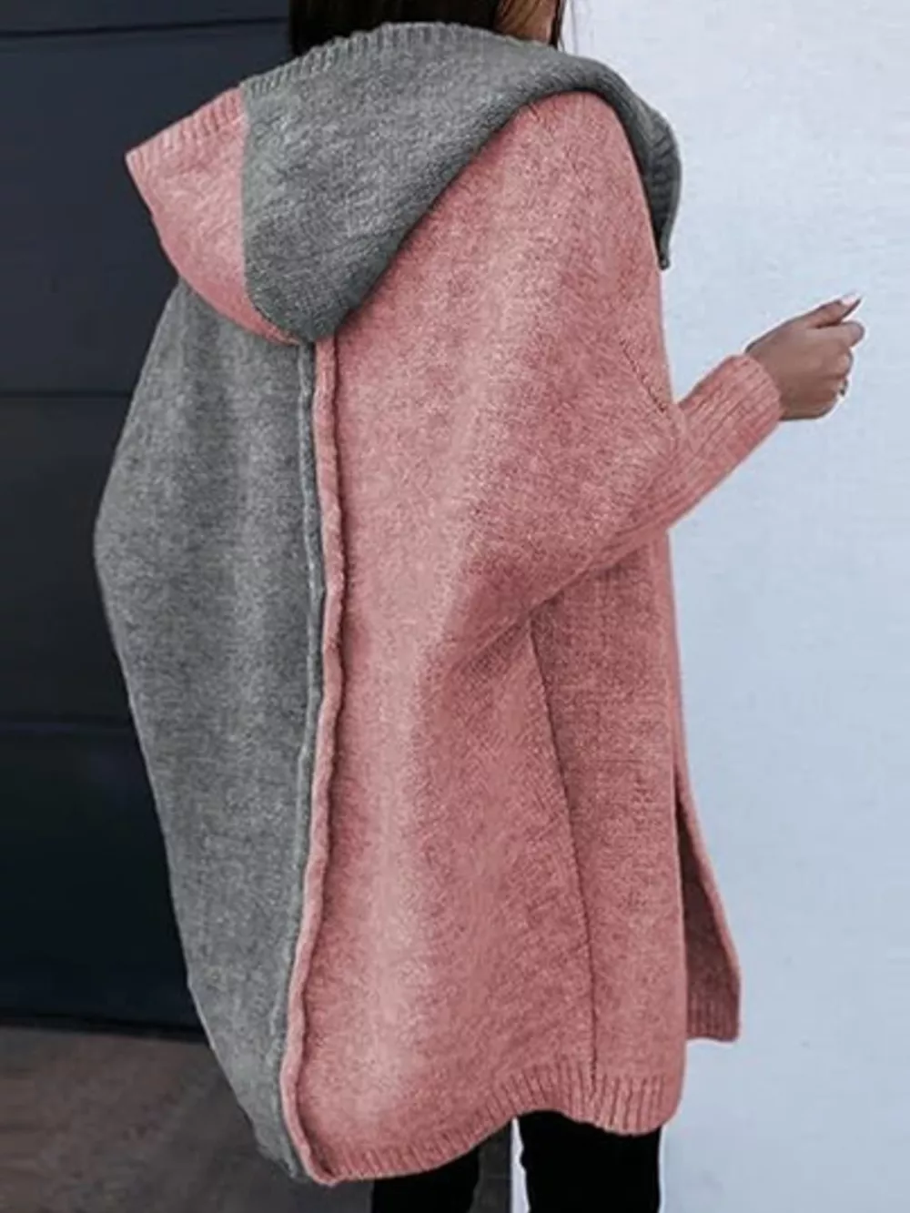 Two-Tone Open Front Knit Hooded Cardigan, image 5