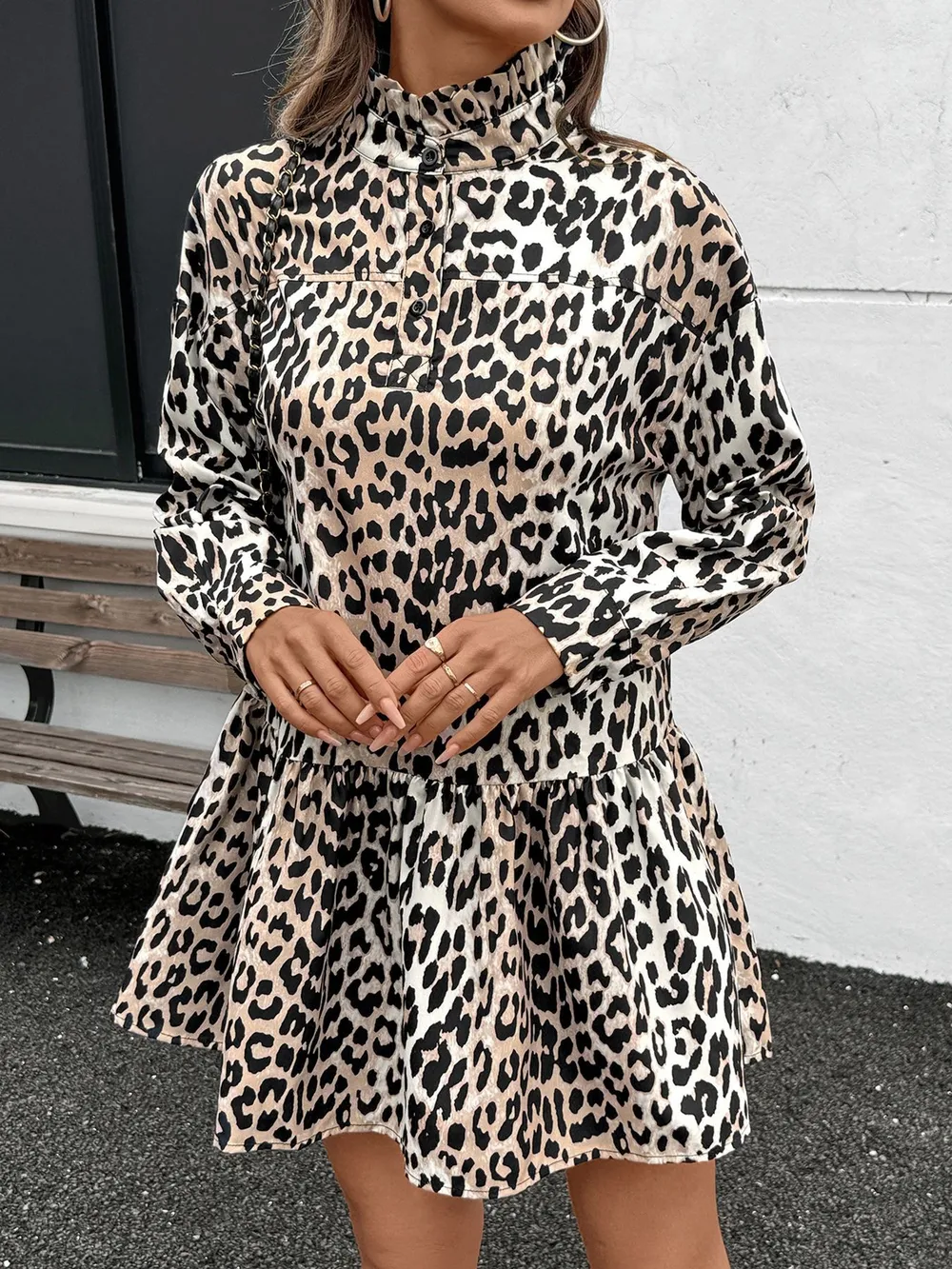 Leopard Print Long Sleeve Mock Neck Mini Dress, image 6