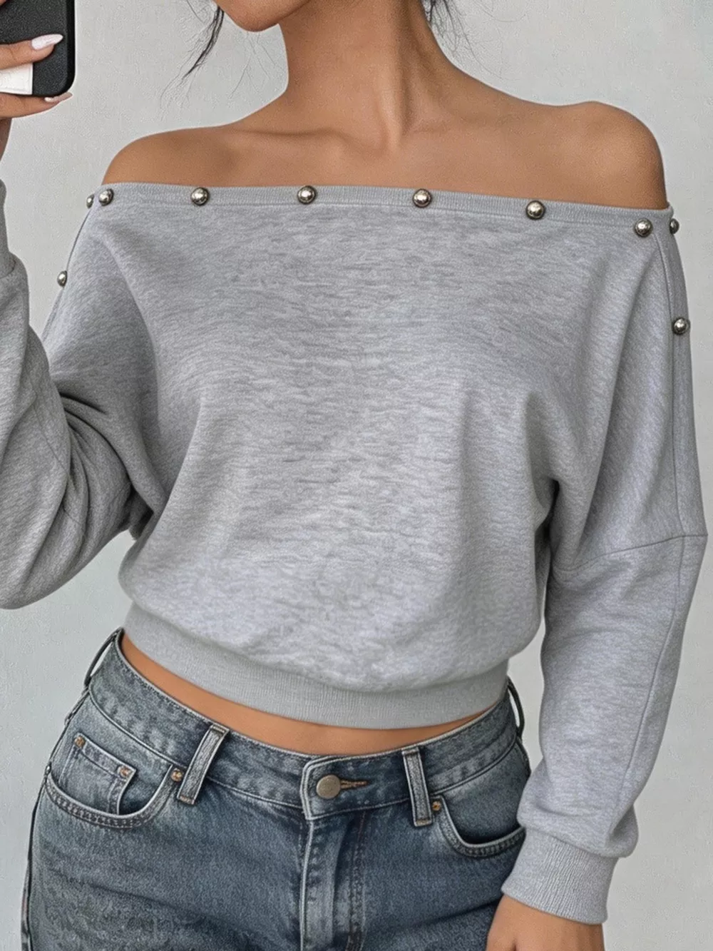 Studded Off Shoulder Long Sleeve T-Shirt, image 2