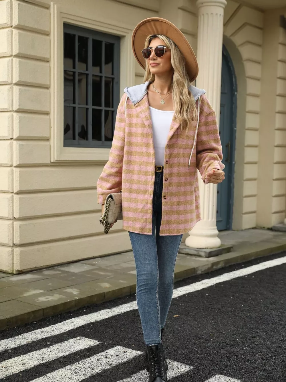 Plaid Button Up Long Sleeve Drawstring Hooded Jacket, image 15