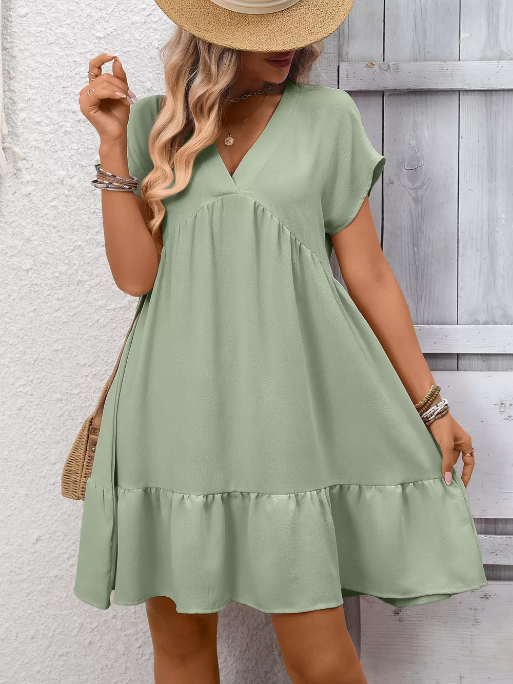 Casual V-Neck Ruffle Hem Mini Dress, image 2