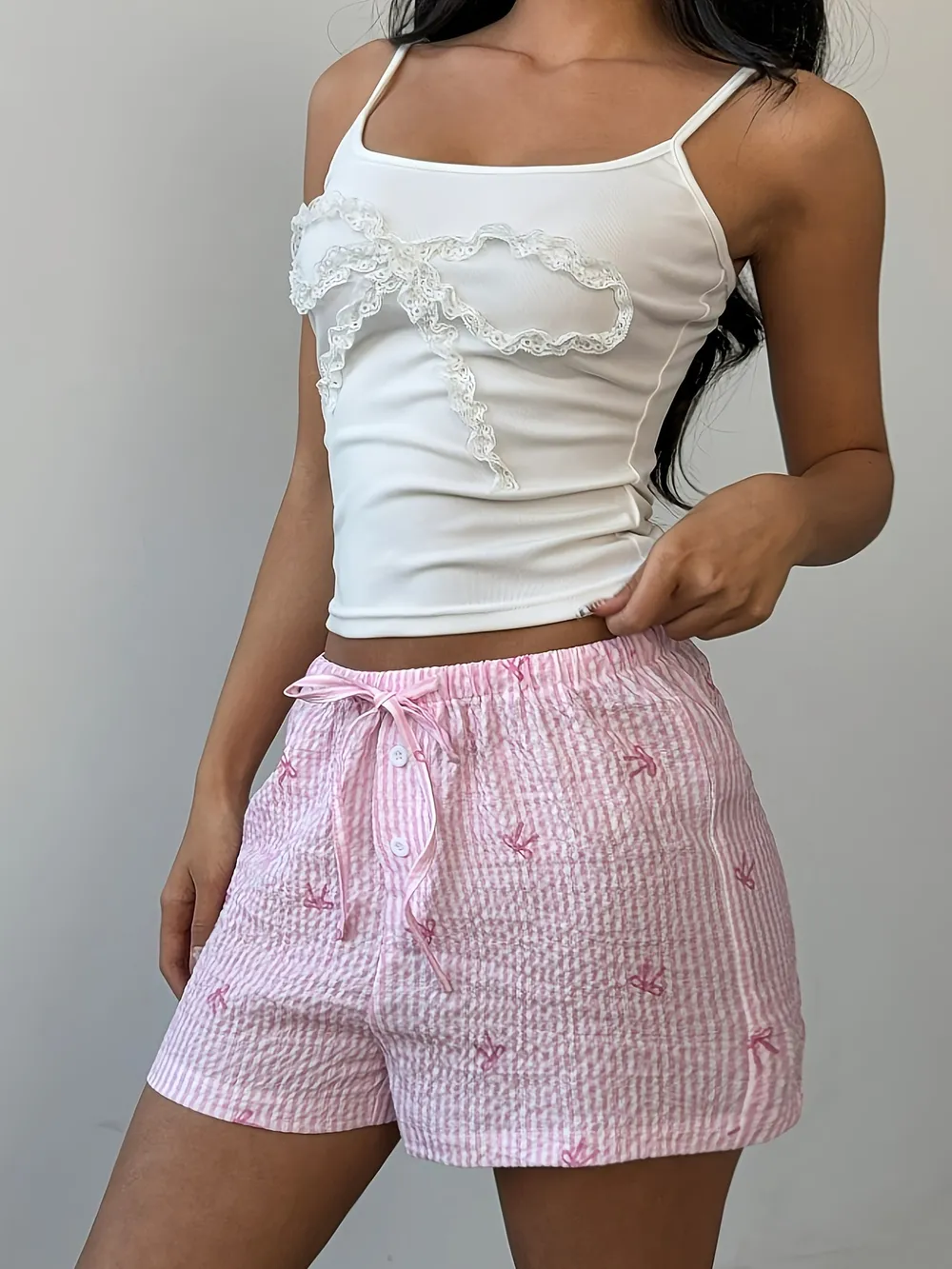 Bow Striped Drawstring Casual Shorts, image 3