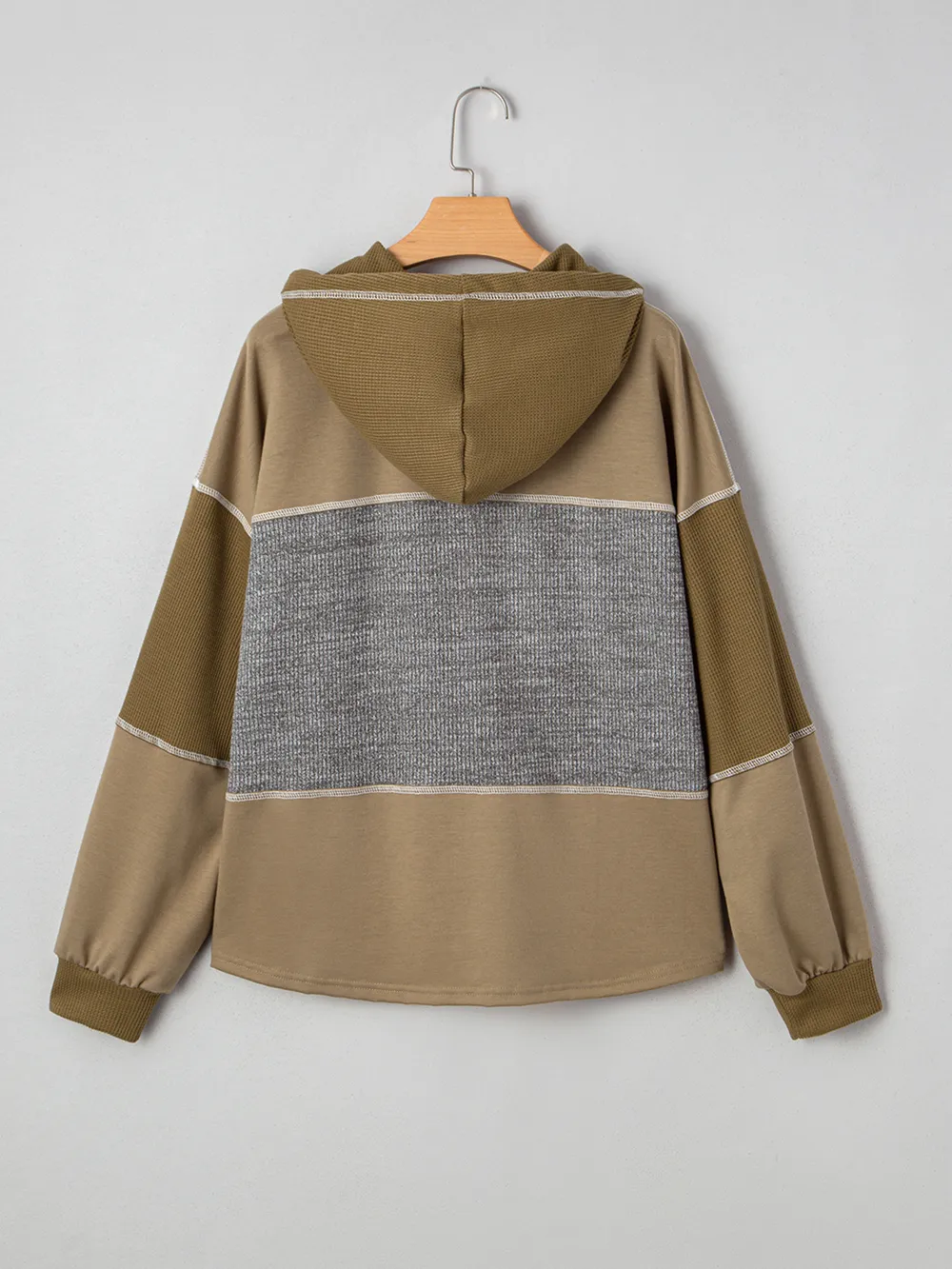 Mixed Texture Patchwork Exposed Seam Half Button Hoodie, image 10