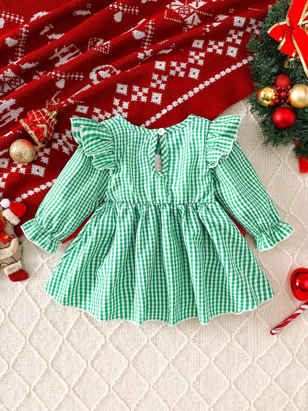 Children's Christmas Santa Embroidered Gingham One-Piece Bodysuit Dress, image 2