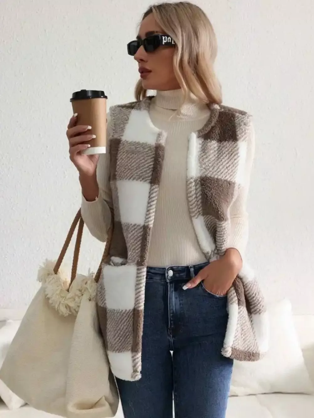 Cozy Plaid Sherpa Vest Coat, image 6