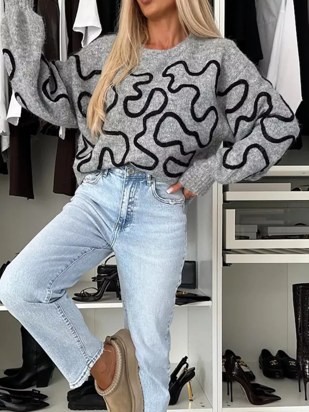 Abstract Pattern Oversized Round Neck Sweater, image 9