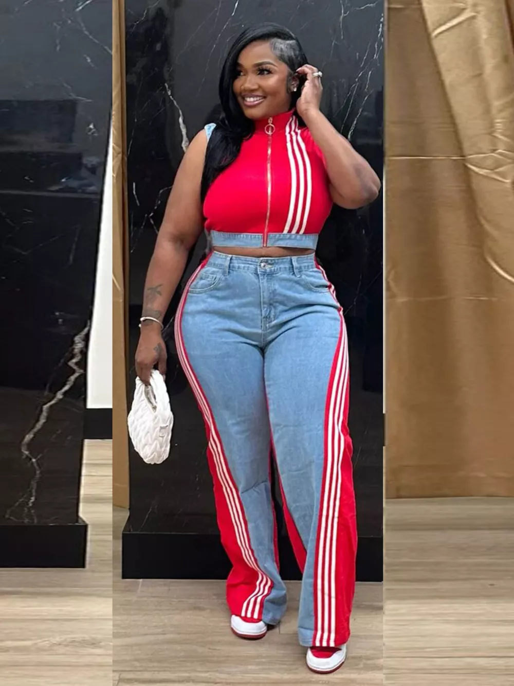 Zip Front Crop Top and Striped Pants Set, image 8