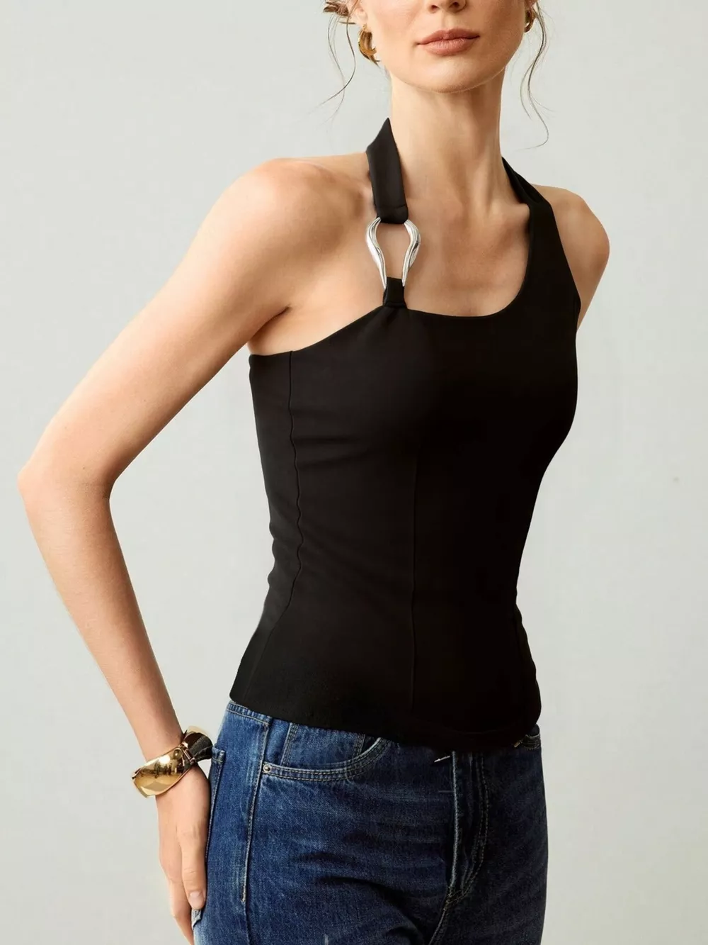 Halter Neck Tank with Metallic Ring Detail, image 4
