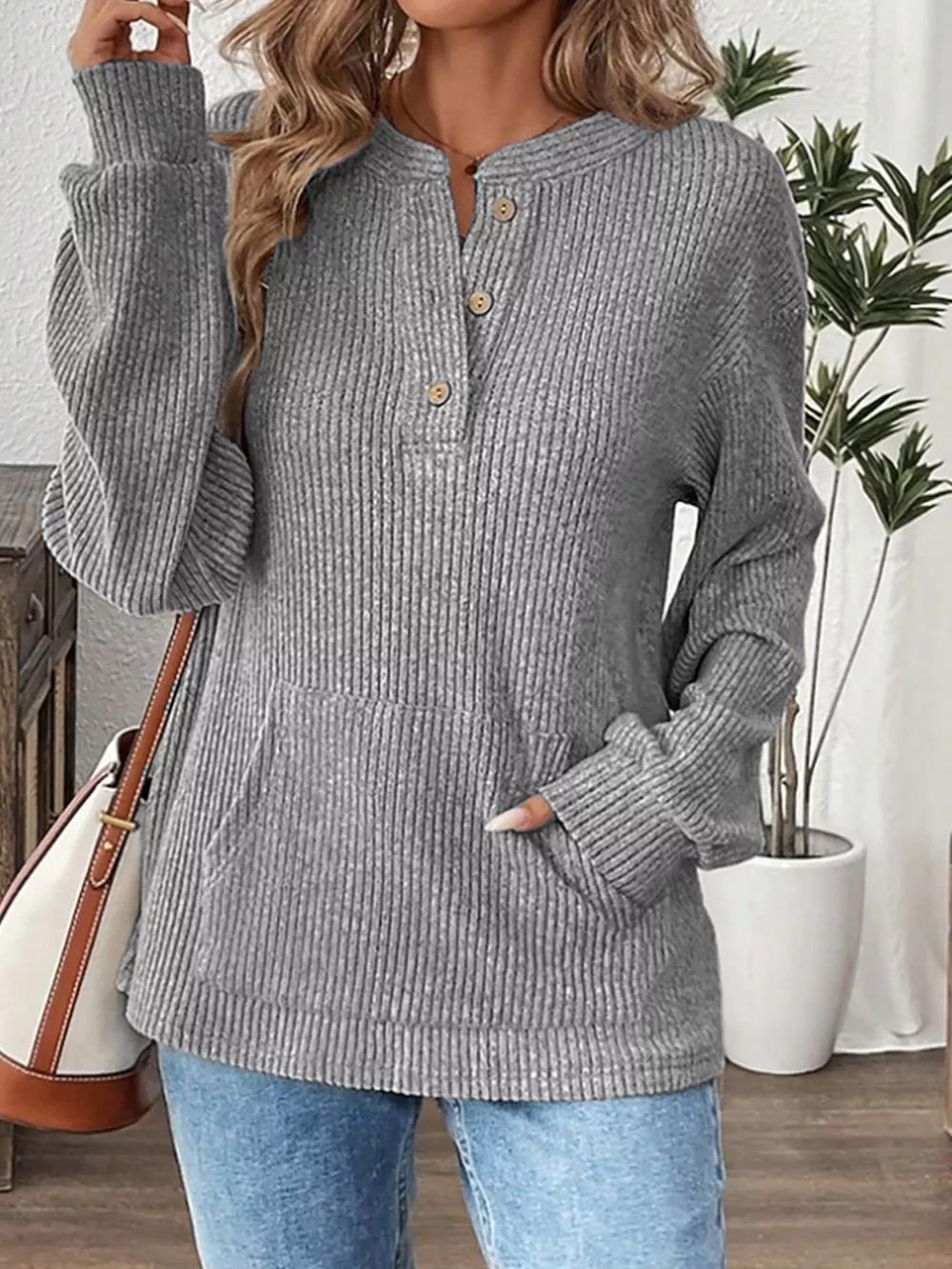 Ribbed Button Detail Long Sleeve T-Shirt, image 14