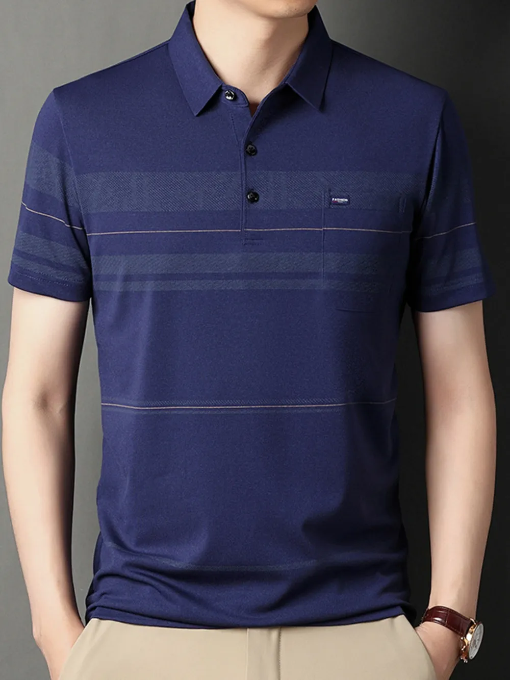 Men's Plus Size Classic Striped Business Casual Polo Shirt, image 2