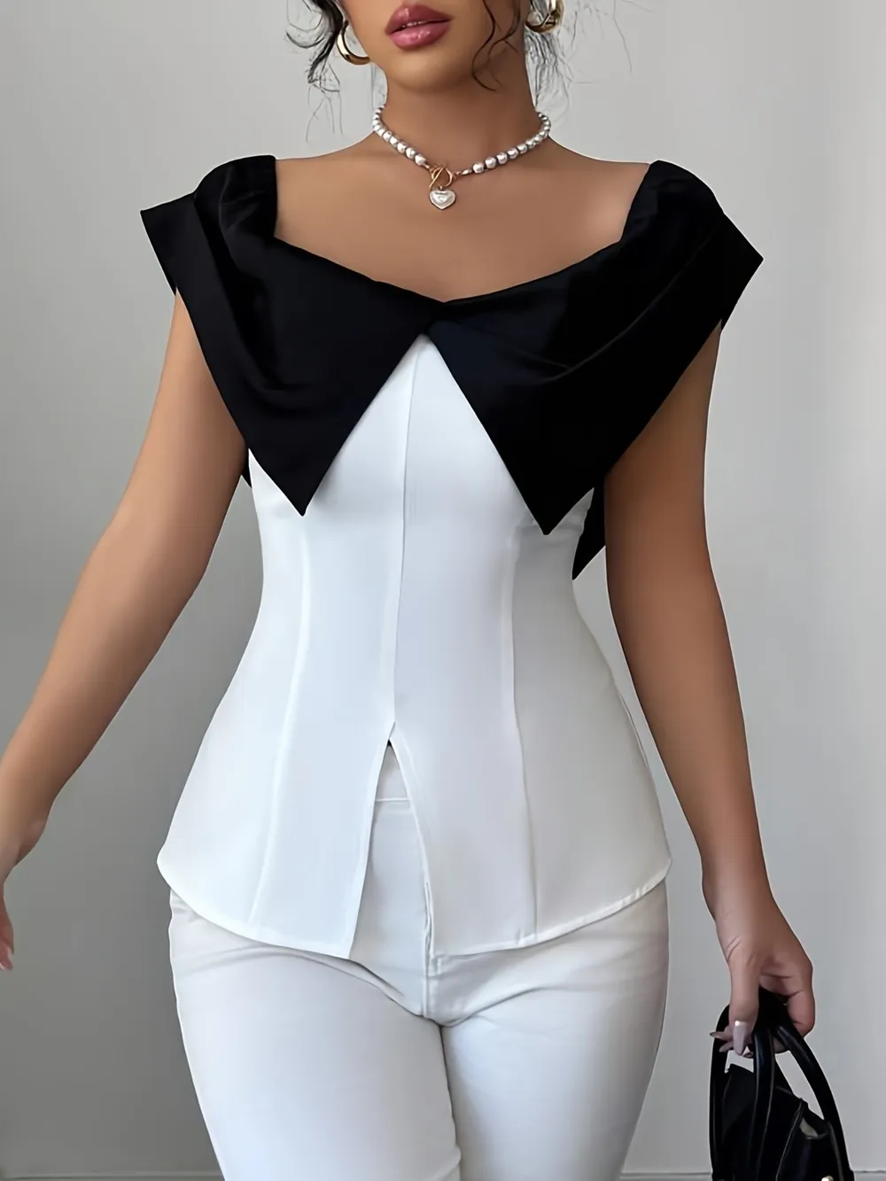 Slit Contrast Cap Sleeve Blouse, image 5