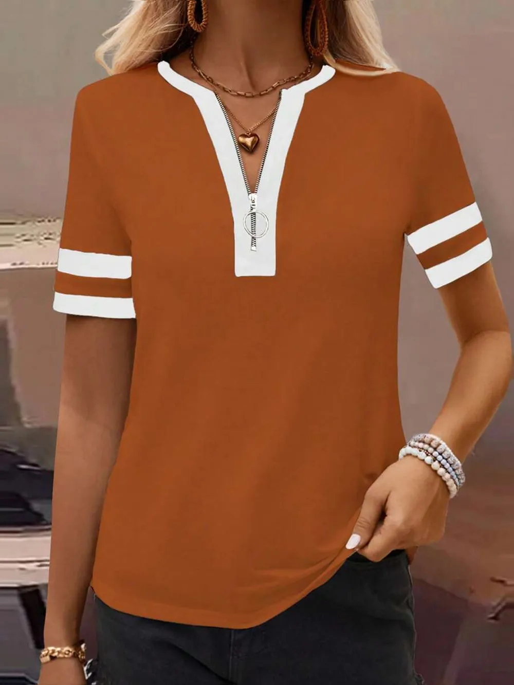 Striped Short Sleeve Half Zip Top, image 8
