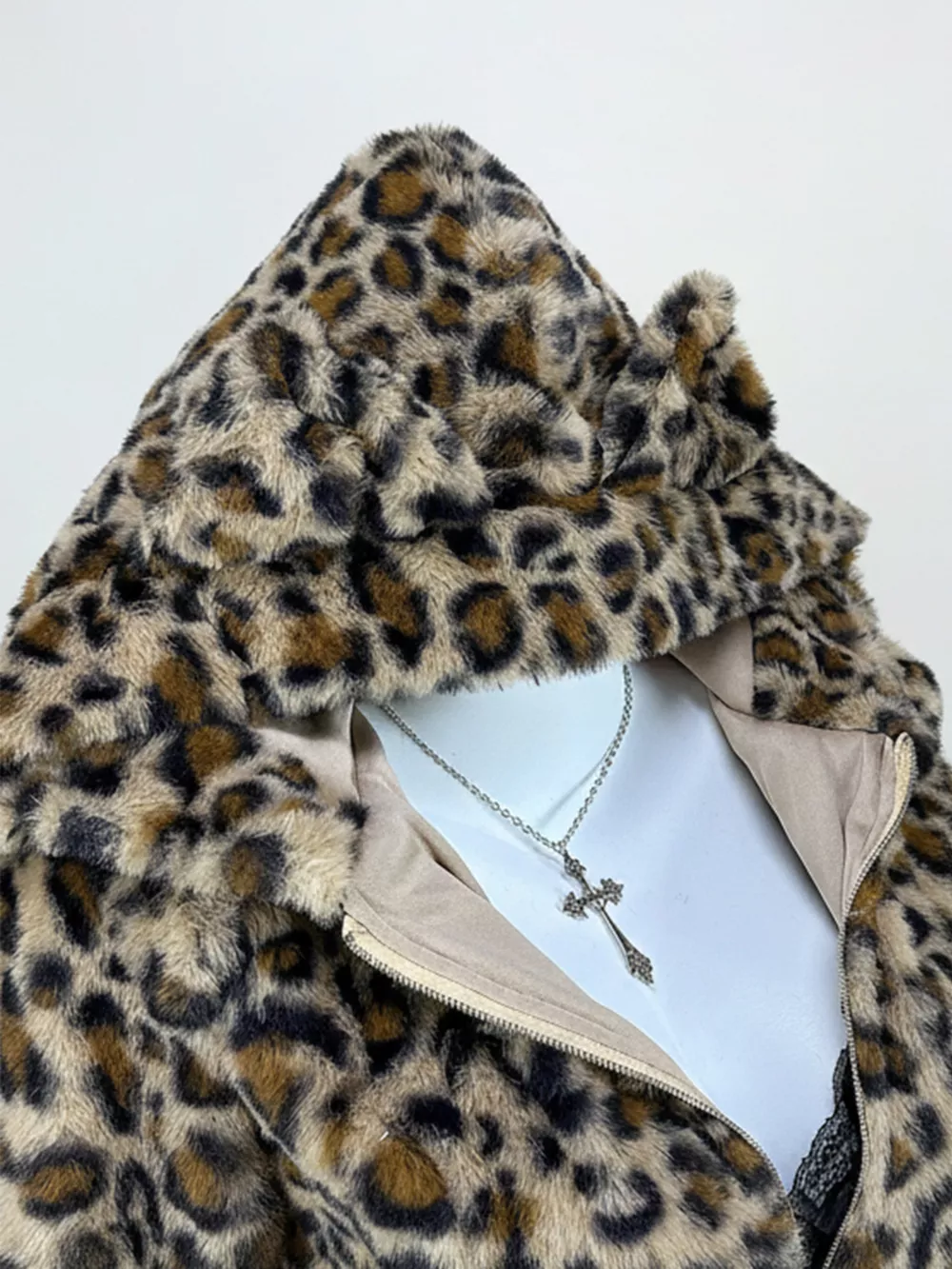 Leopard Plush Zip-Up Hooded Outerwear, image 8