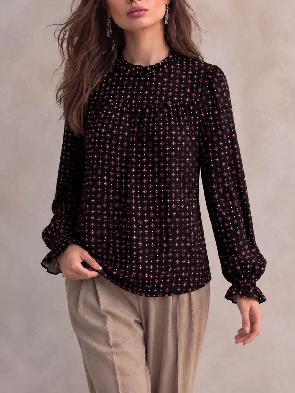 Geometric Print Mock Neck Puff Sleeves Blouse, image 10