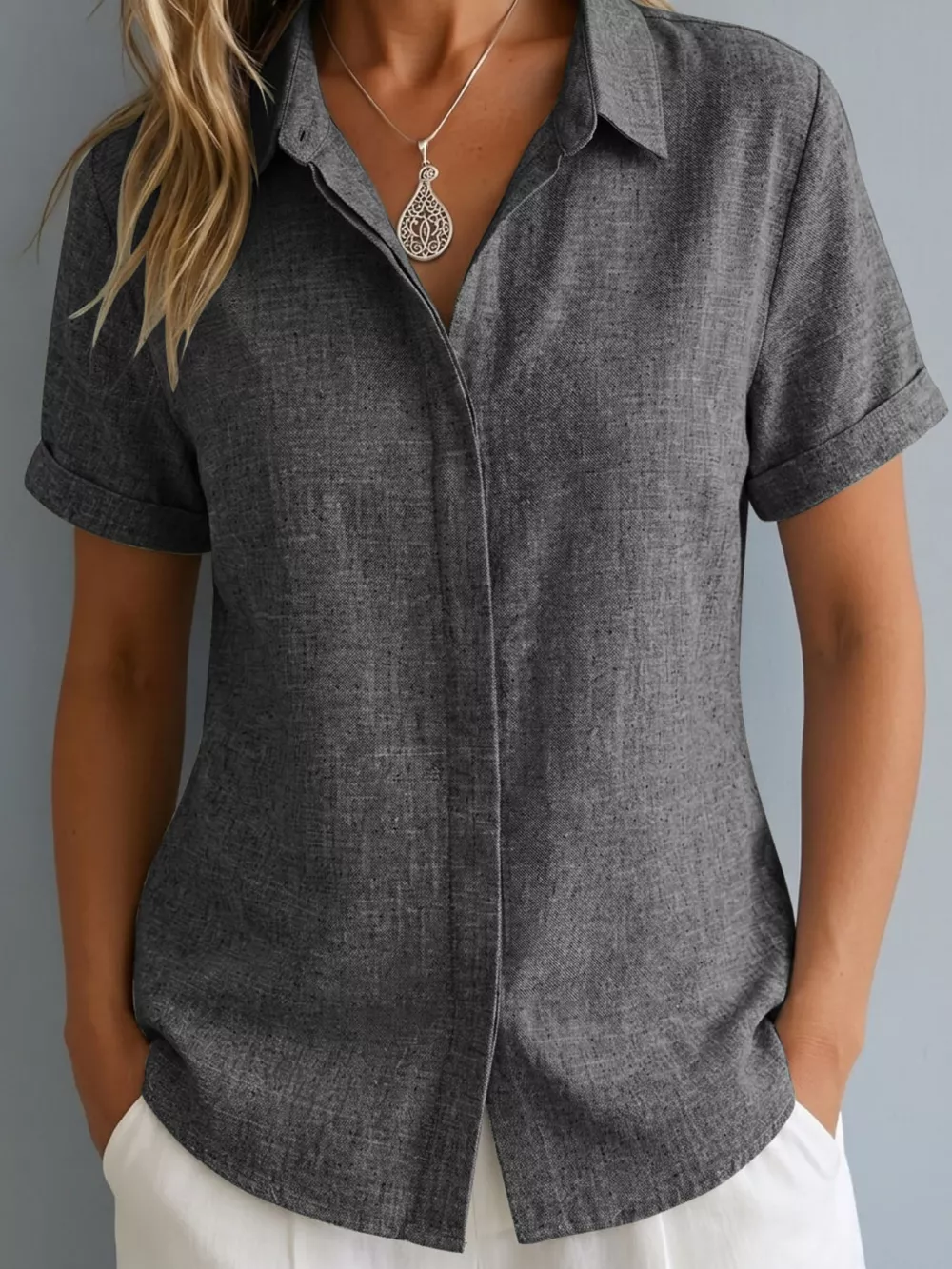 Full Size Collared Neck Short Sleeve Shirt Plus Size, image 5