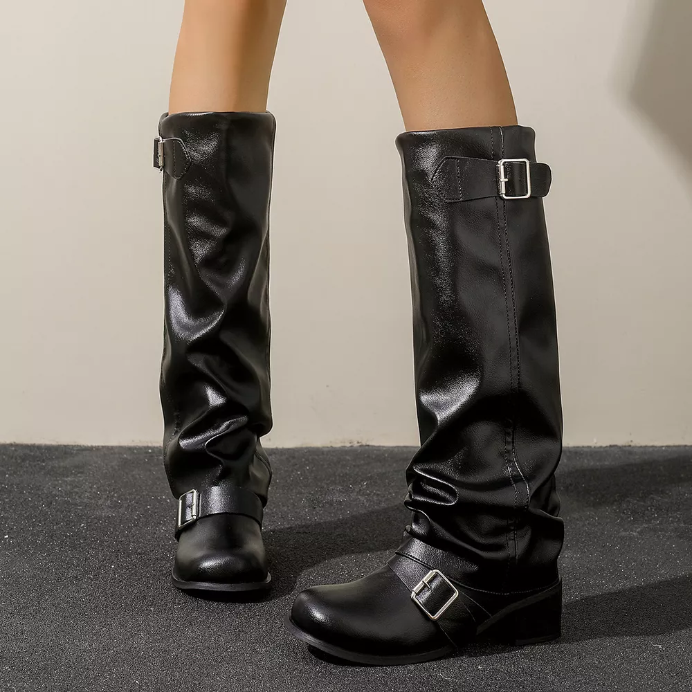 Slouchy Mid-Calf Boots with Buckle Straps