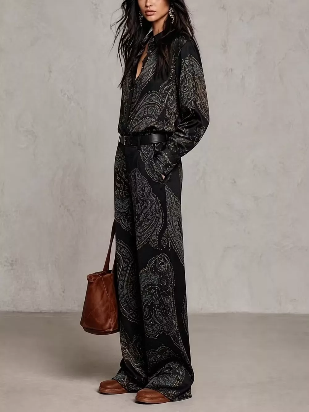 Paisley Print Long Sleeve Shirt and Wide-Leg Pants Set, image 7