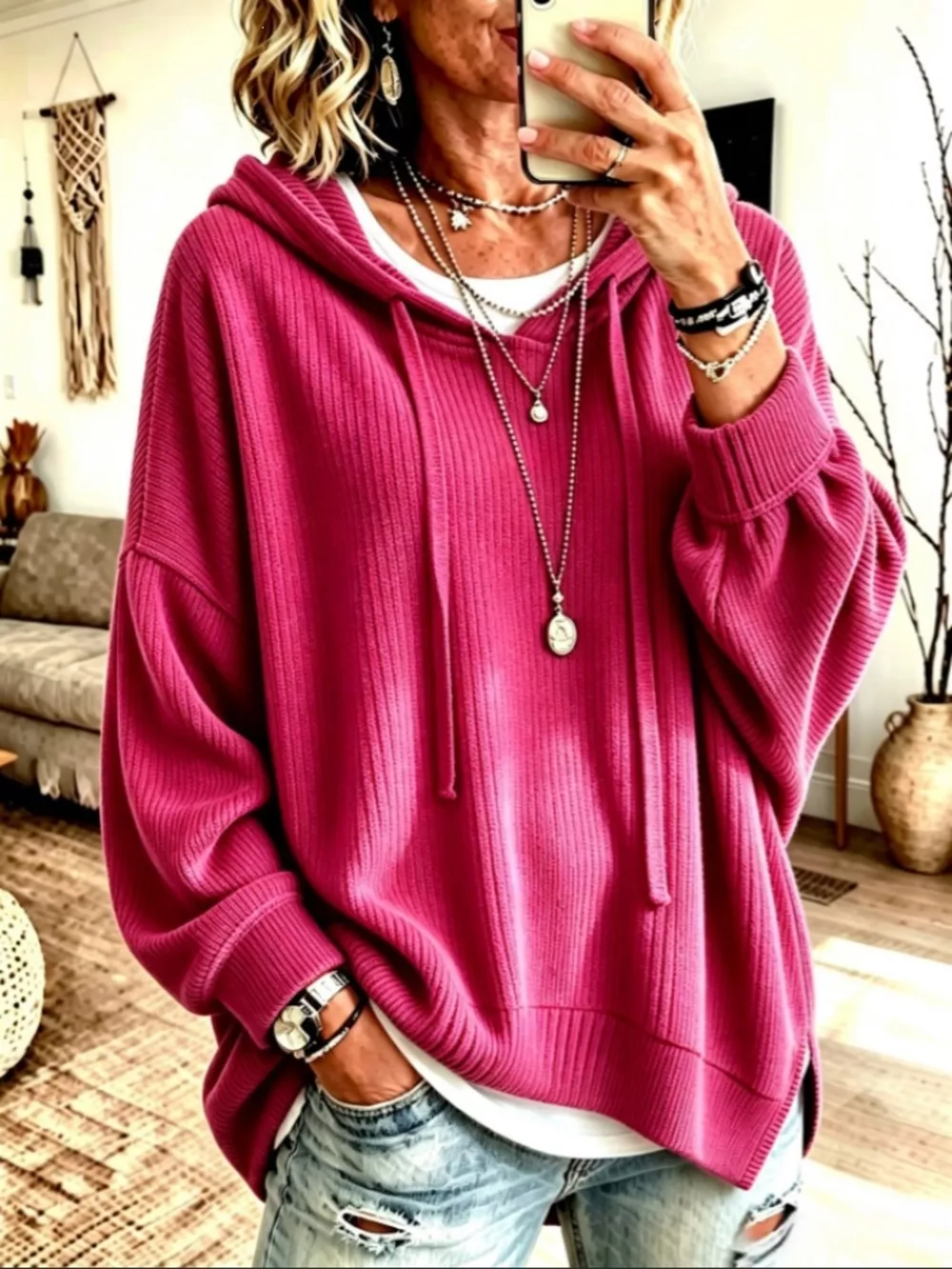 Drawstring Ribbed Knit Hoodie, image 13