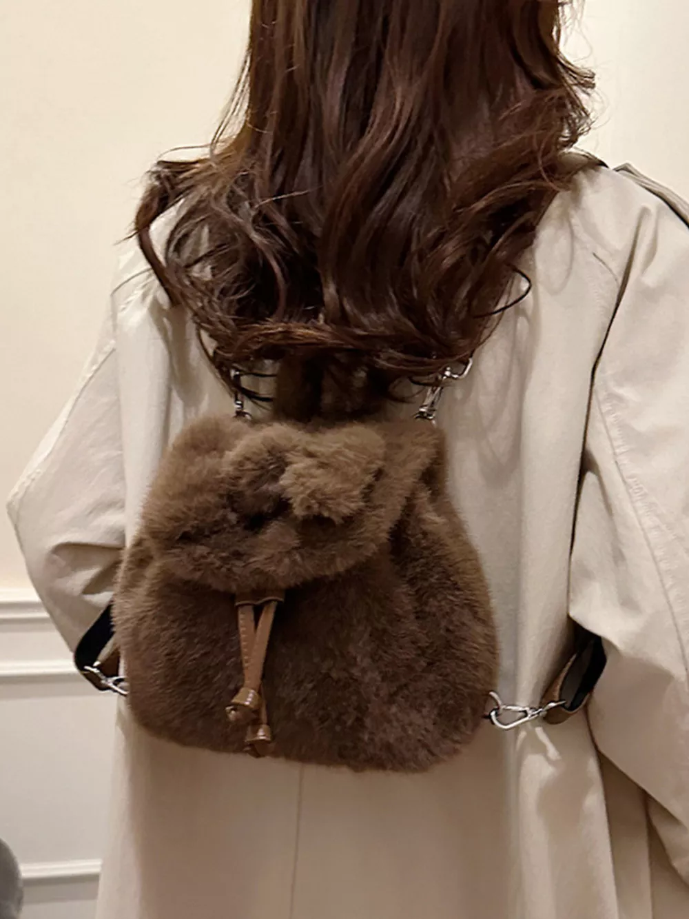 Fuzzy Plush Drawstring Backpack Bag, image 12