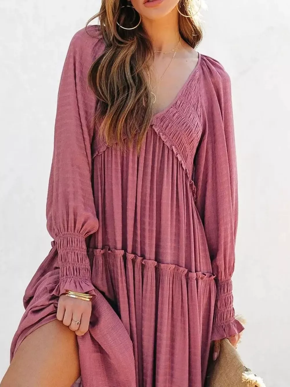 V-Neck Long Sleeve Tiered Maxi Dress, image 9