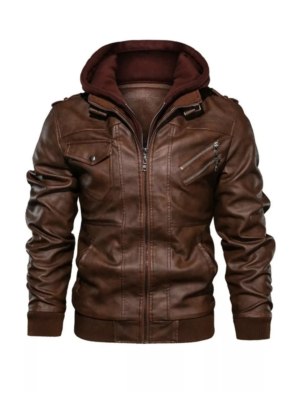 Men's Full Size Hooded Faux Leather Moto Jacket Plus Size, image 7