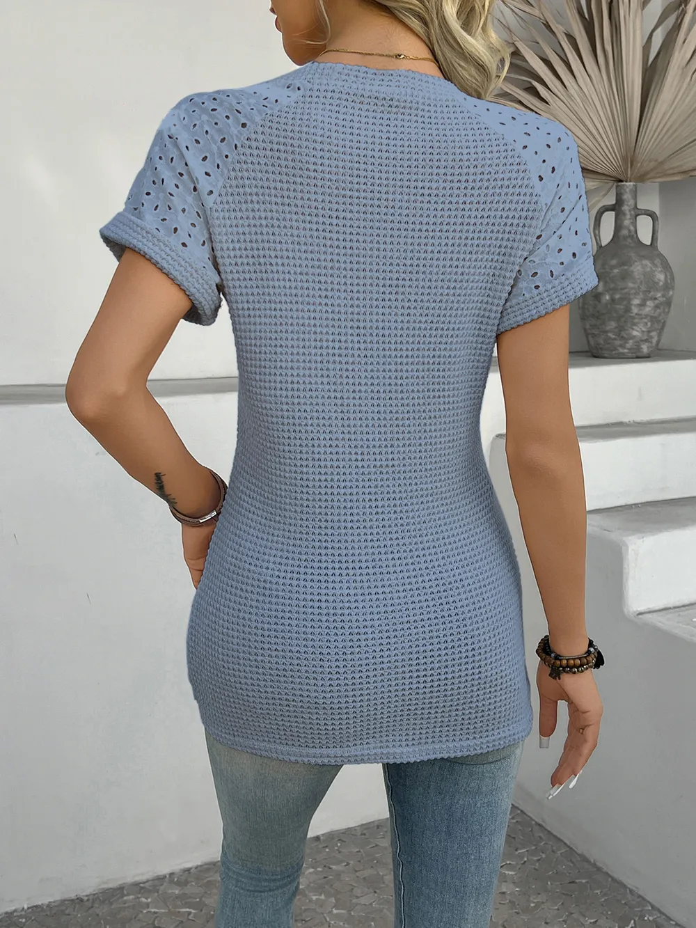 Hollow Out Waffle Knit Short Sleeve T-Shirt, image 24