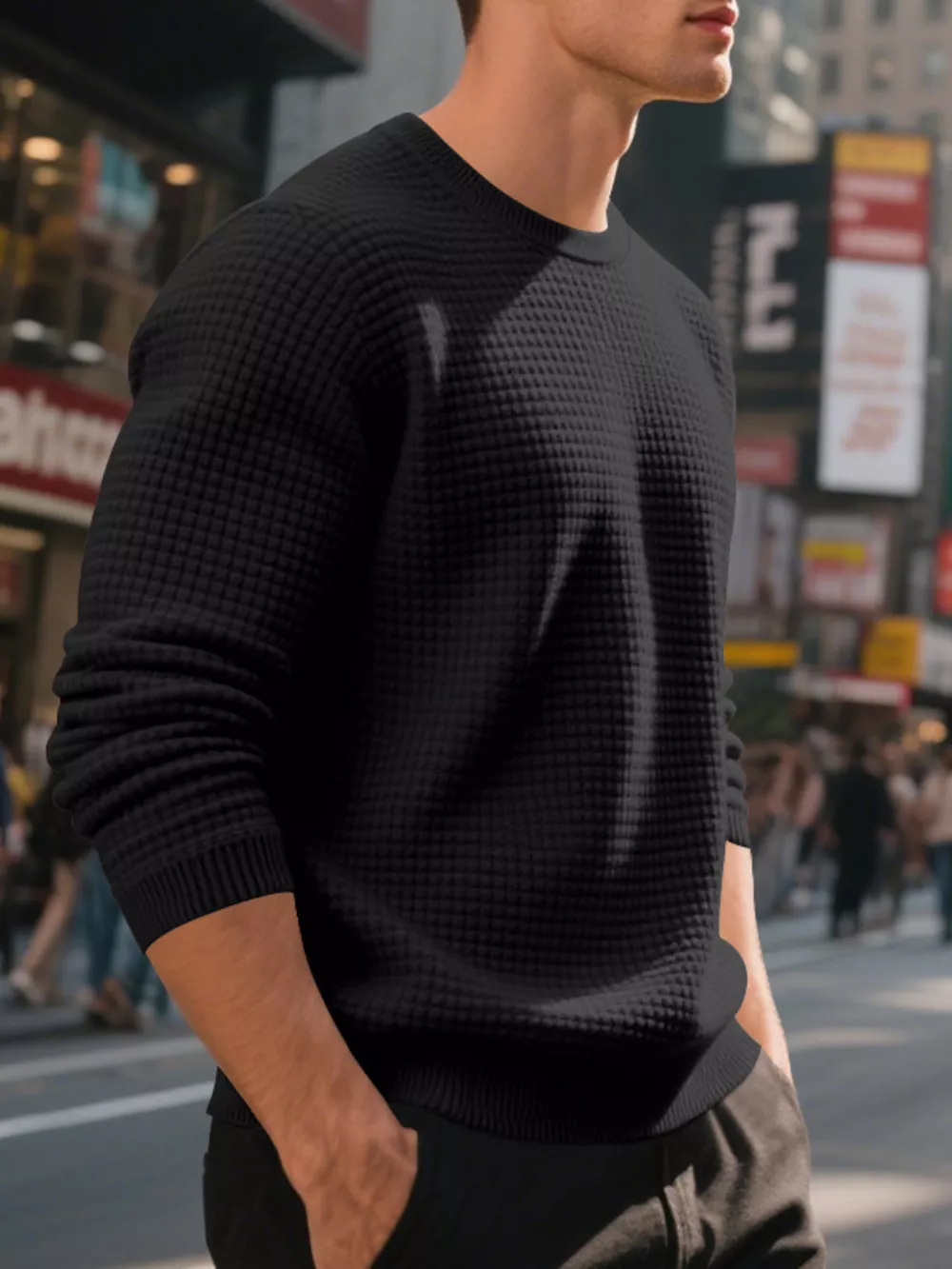 Men's Full Size Classic Waffle-Knit Crew Neck Sweatshirt Plus Size, image 3