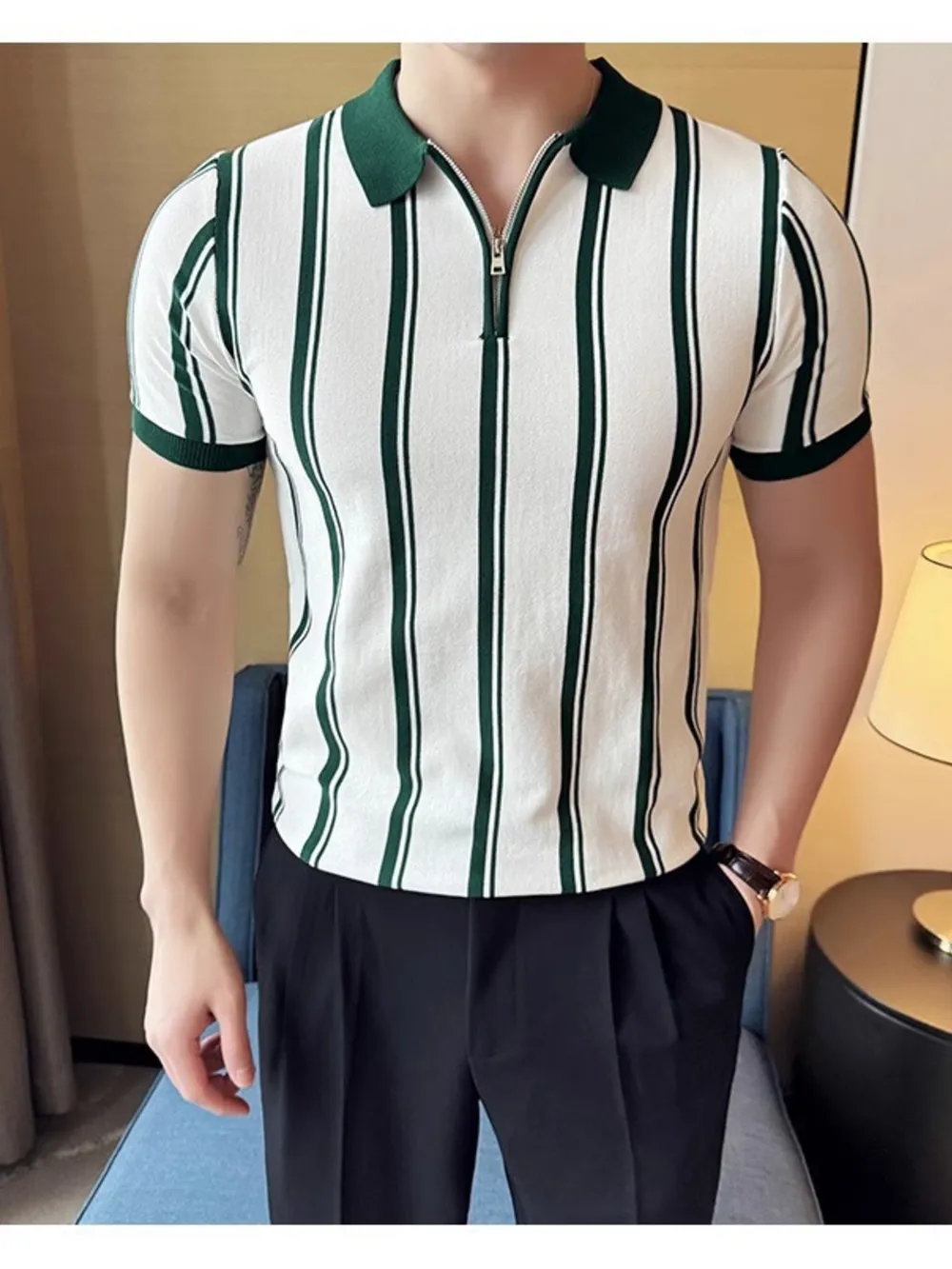 Men's Full Size Classic Striped Zip Collar Polo Shirt Plus Size, image 6
