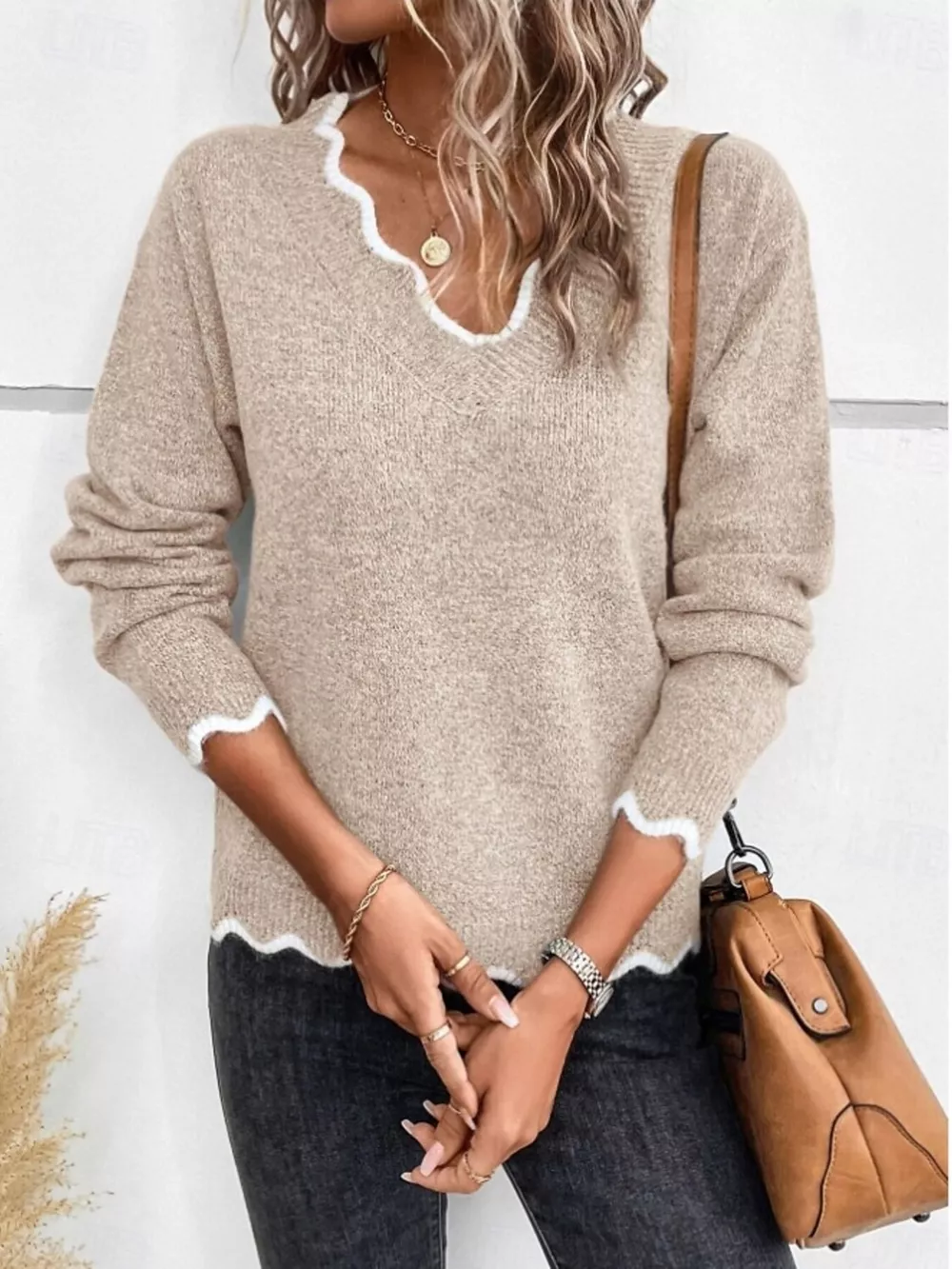 Full Size Scalloped Trim V-Neck Sweater Plus Size, image 2