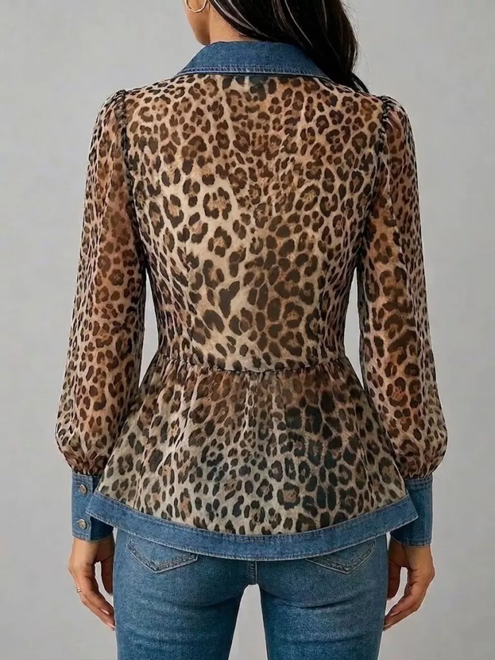 Denim Contrast Trim Leopard Shirt, image 4