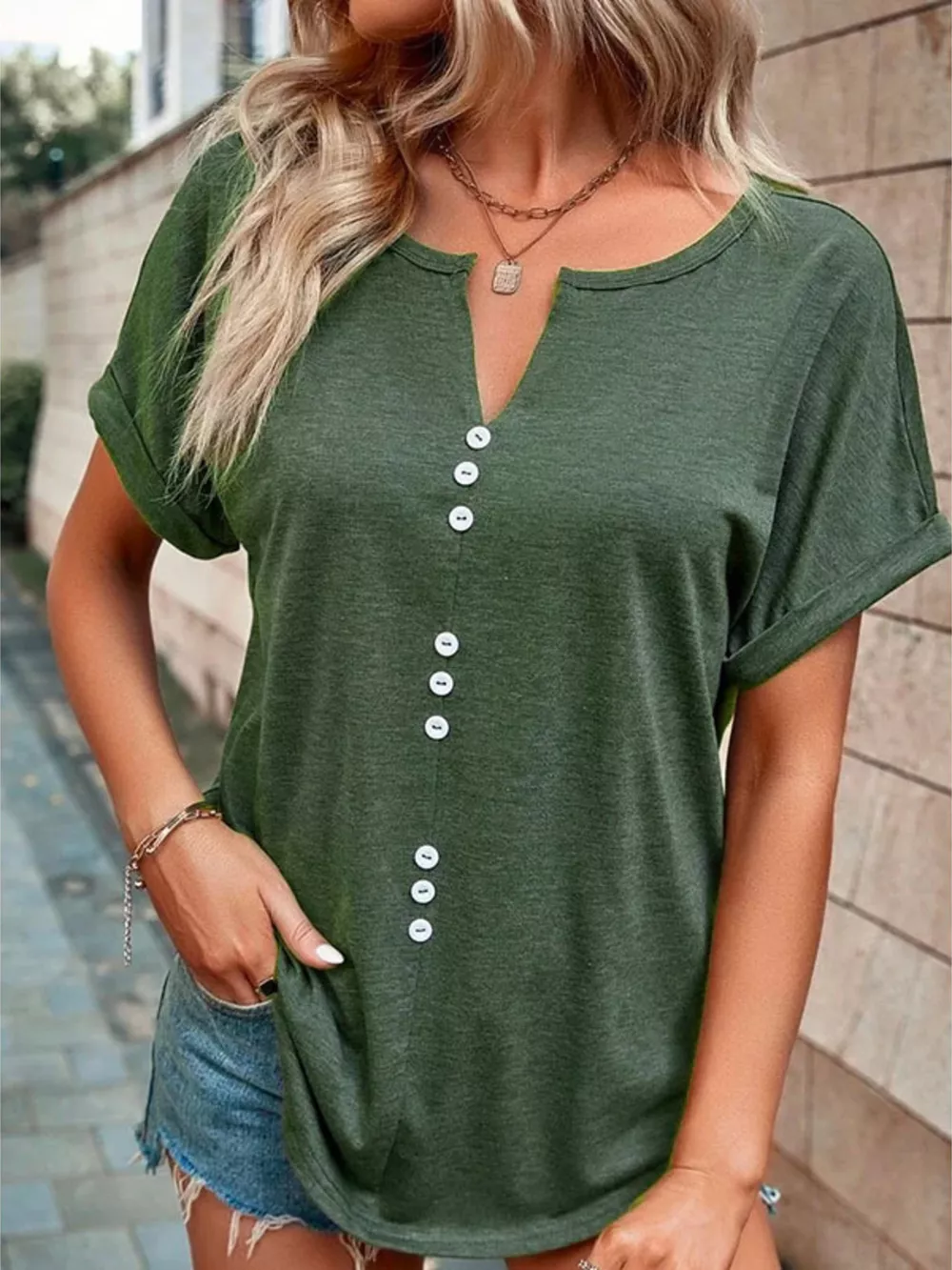 Full Size Decor Button Short Sleeve T-Shirt Plus Size, image 24