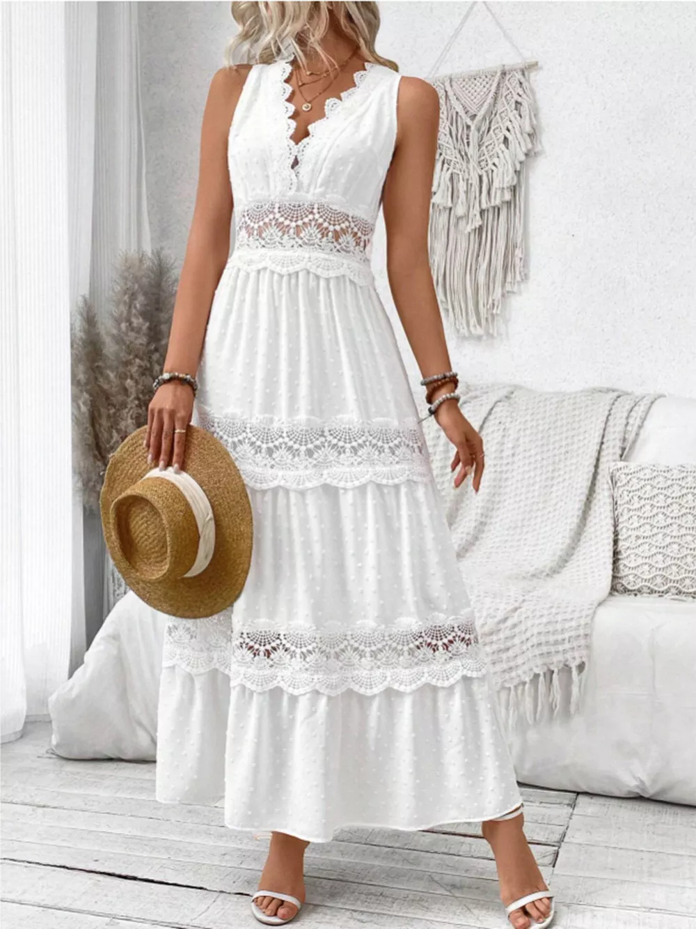 Full Size Lace Detail Tie Back Sleeveless Tiered Dress Plus Size, image 4