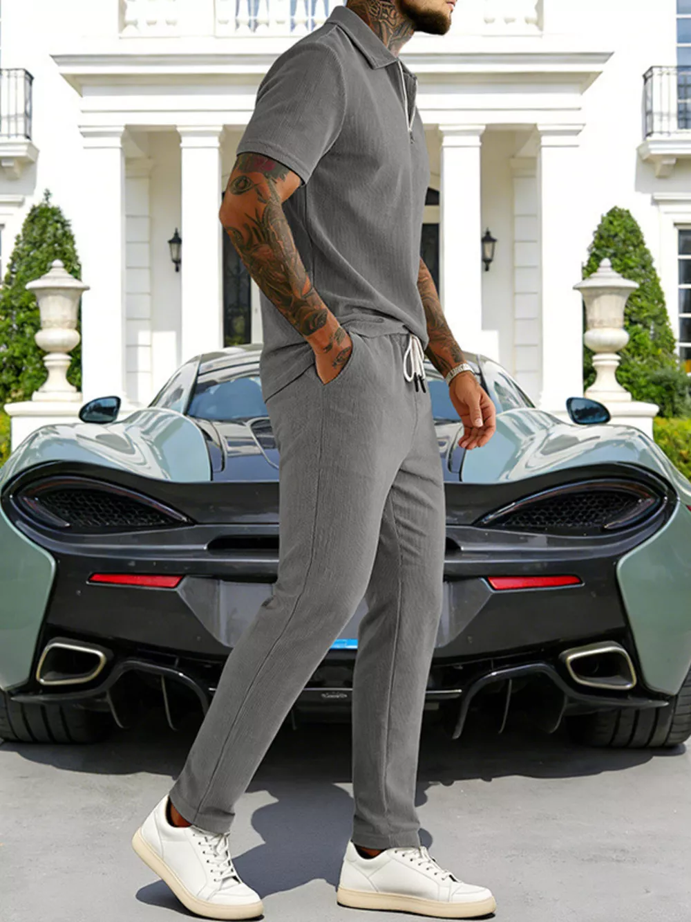 Men's Full Size Casual Zipper Polo Shirt and Drawstring Pants Set Plus Size, image 9