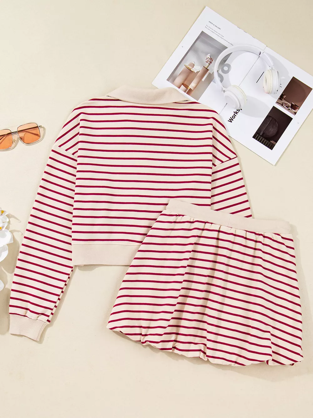 tripe Cropped Collared Drop Shoulder Pullover and Bubble Mini Skirt Set, image 8