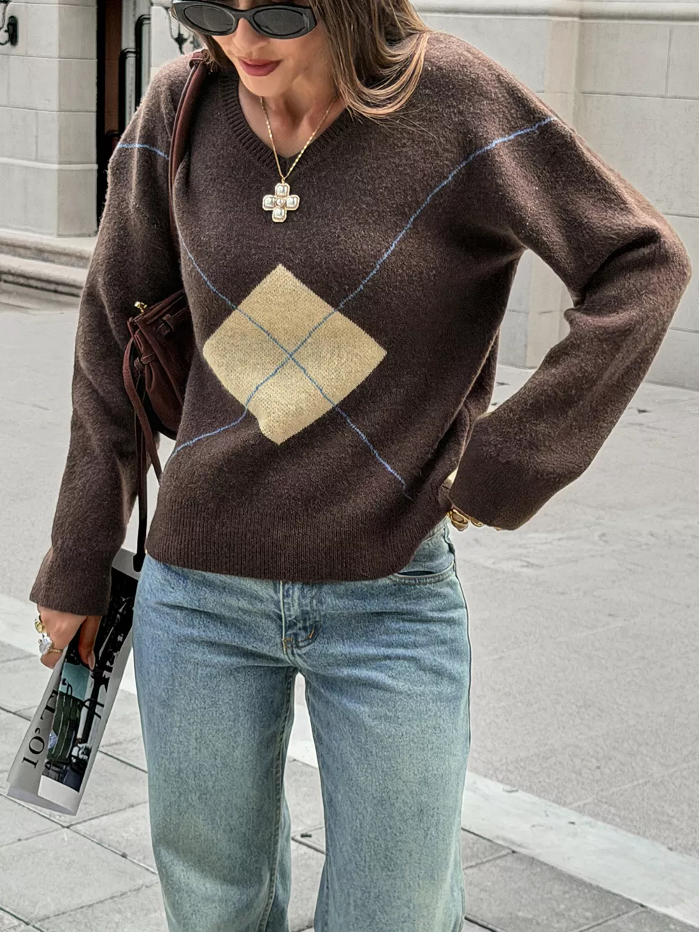 Argyle Pattern V-Neck Knit Sweater, image 2