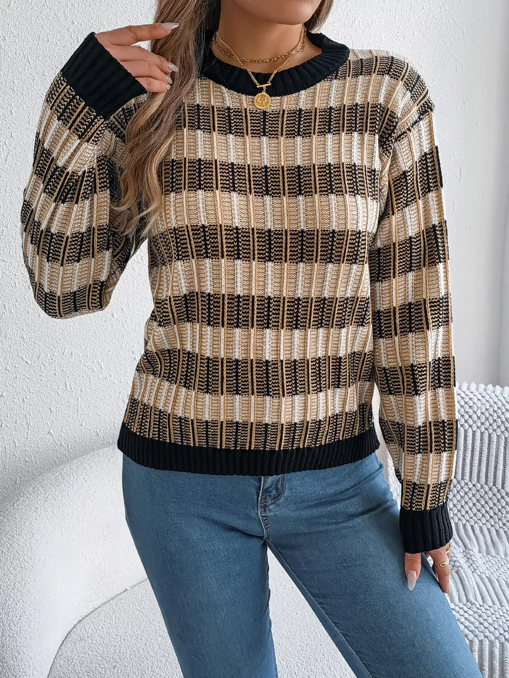 Striped Round Neck Long Sleeve Sweater, image 12