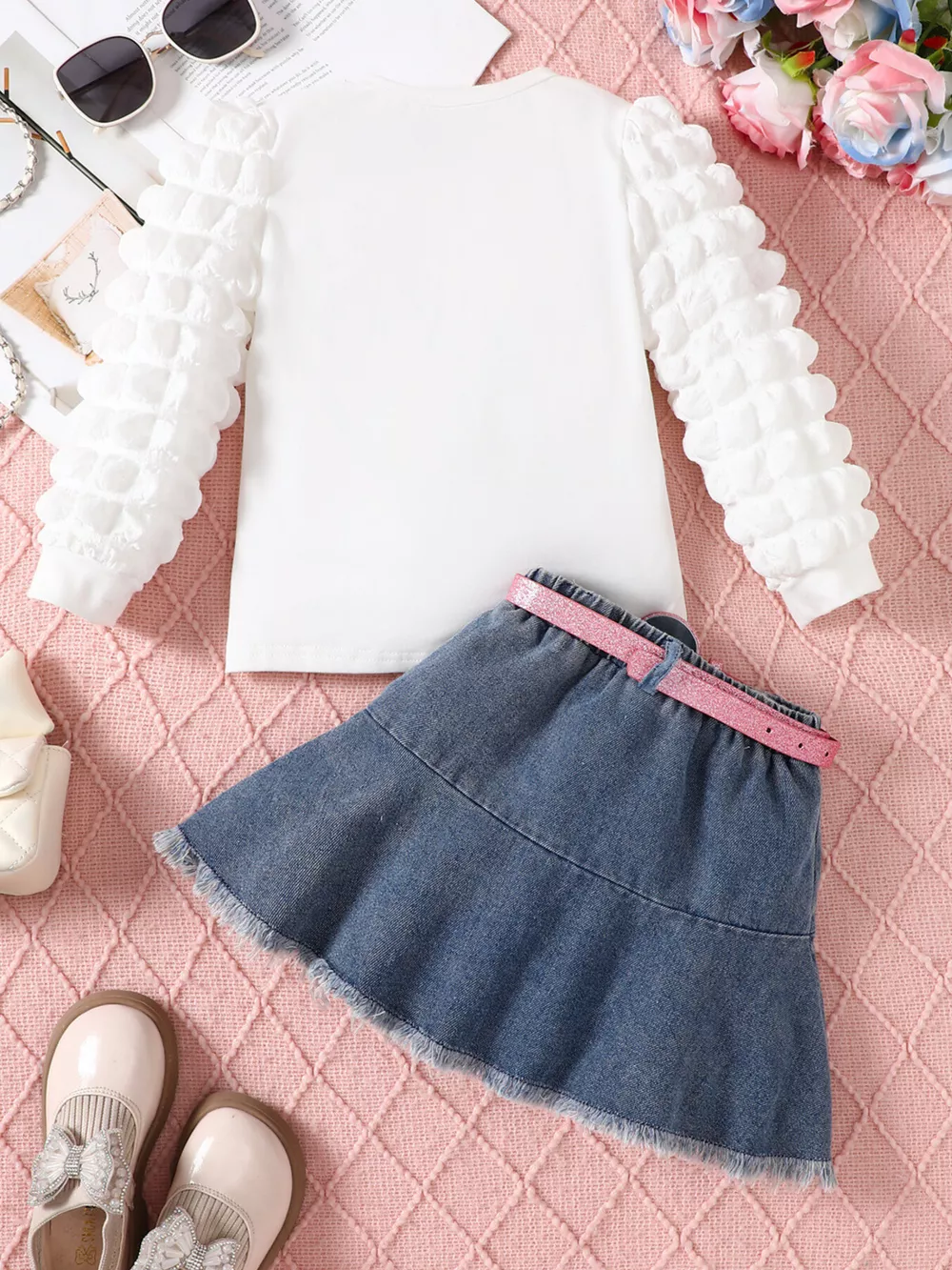 Children's Letter Long Sleeve Top and Denim Skirt Set, image 5