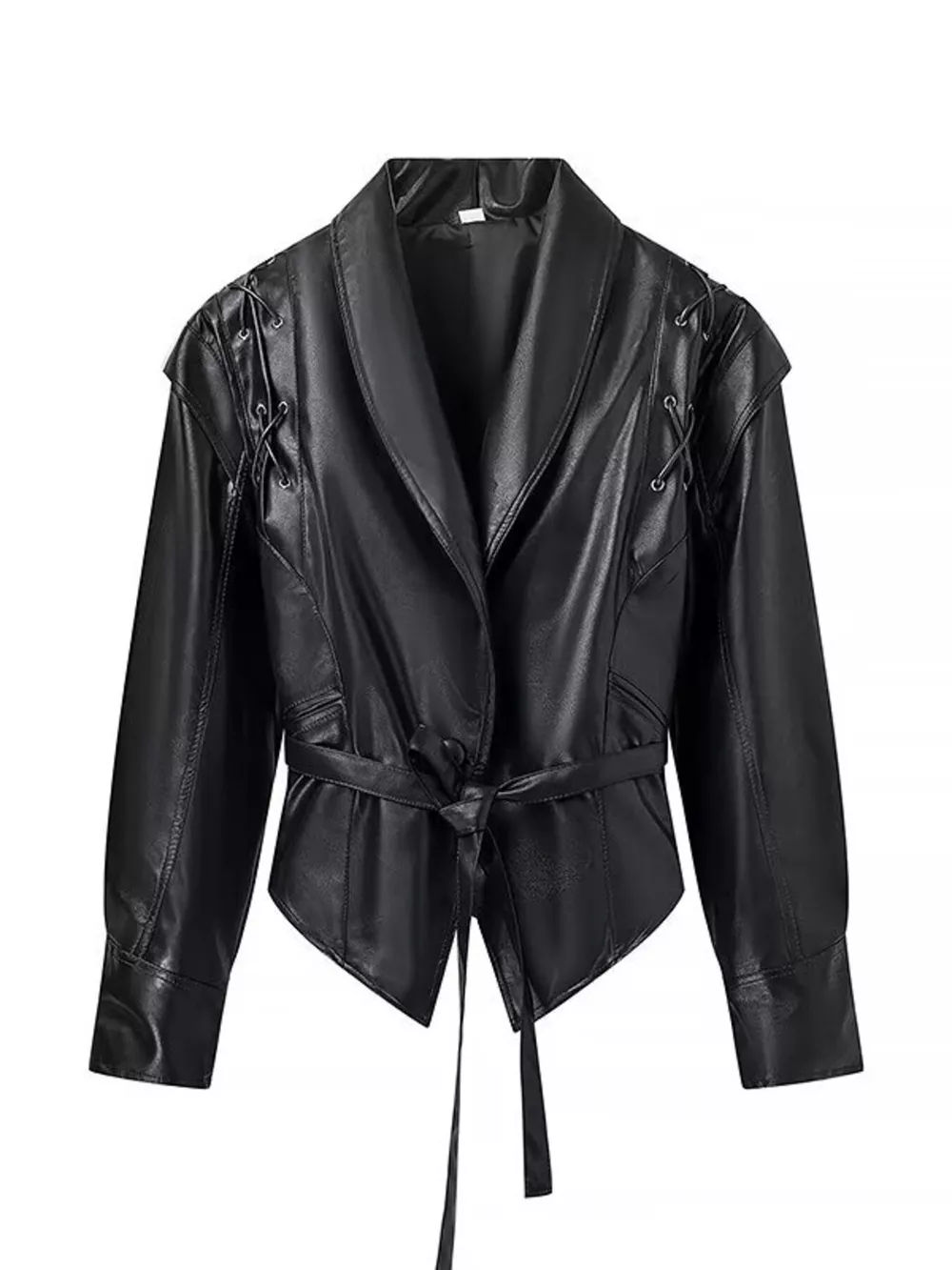 Belted Leather Jacket with Shawl Collar, image 11