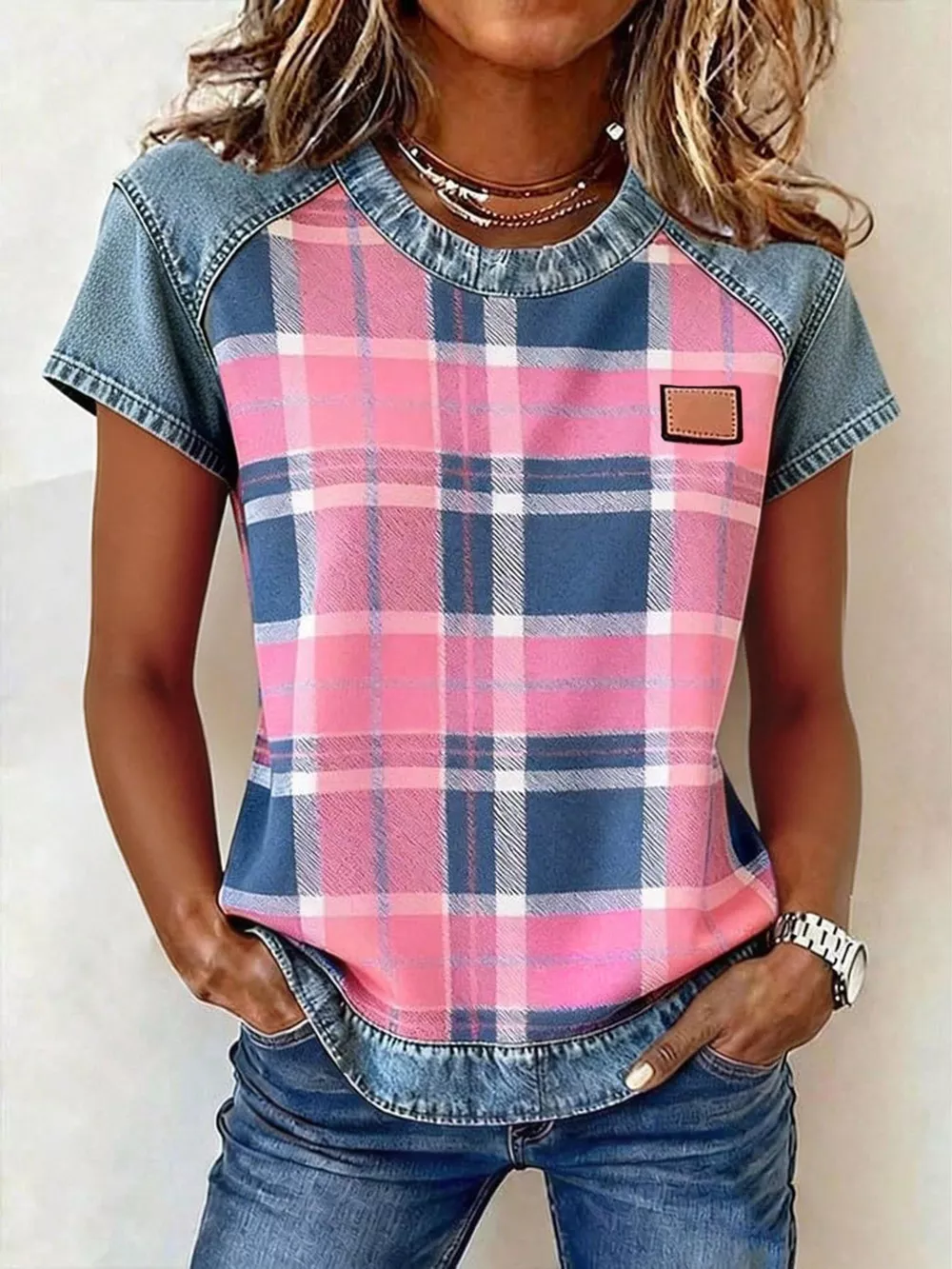 Denim Patchwork Short Sleeve Blouse, image 5