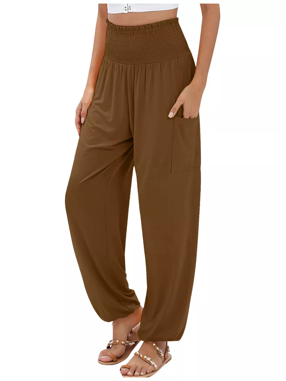 Full Size Smocked Waist Harem Pants with Pockets Plus Size, image 10